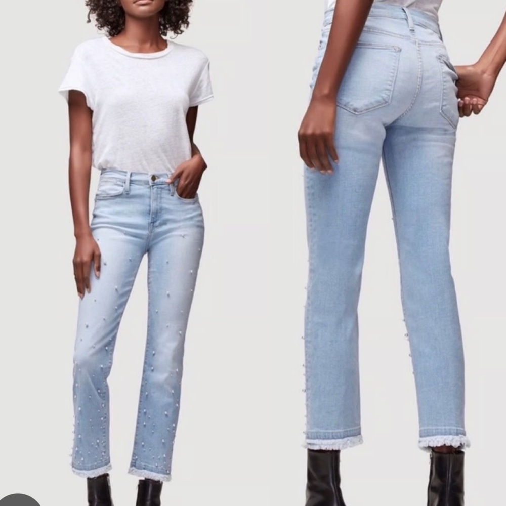 Frame Le High Straight Double Frayed Hem Pearl Jeans